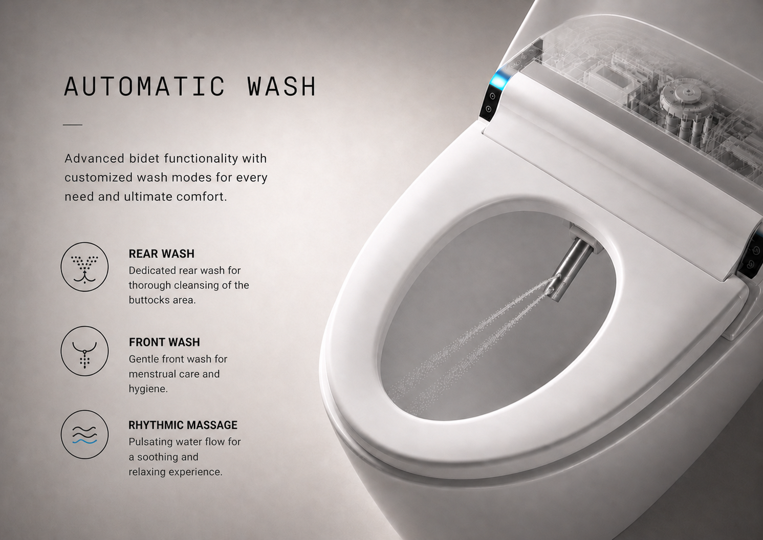 Automatic wash - rear wash, front wash and rhythmic massage modes