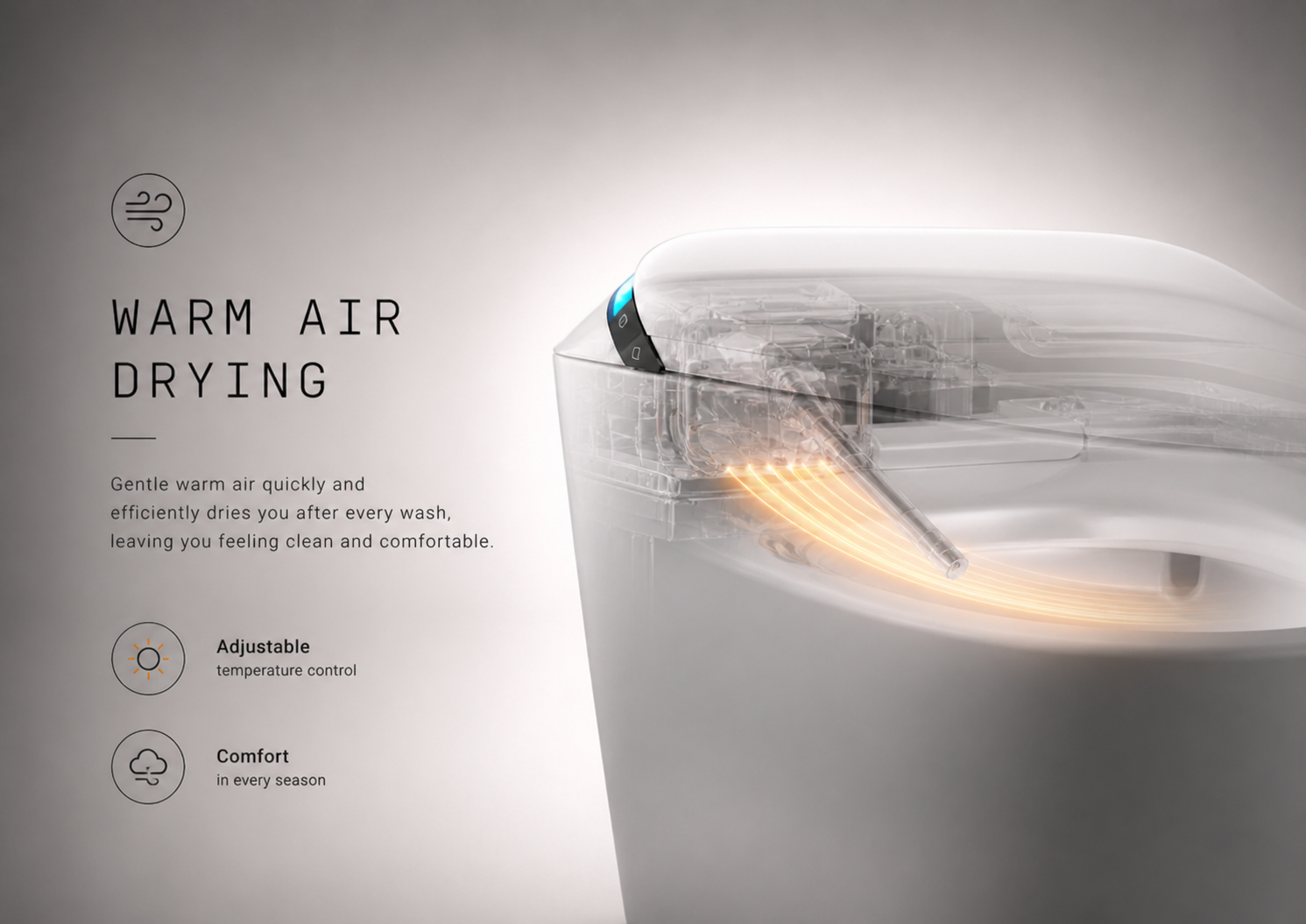 Warm air drying - built-in dryer, no tissue required
